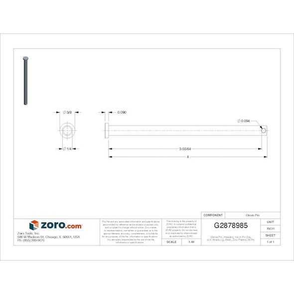 Clevis Pin, Headed, 1/4 in Pin Dia, 4 in Shank Lg, Steel, Zinc Plated, 25 PK