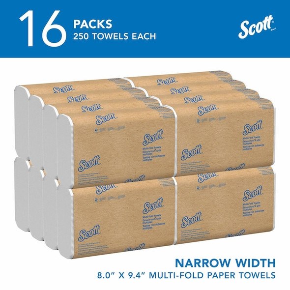 Multifold Narrow Width Paper Towels, 8.0" x 9.4" Sheets, Compact Case (250 Sheets/Pack, 16 Packs)