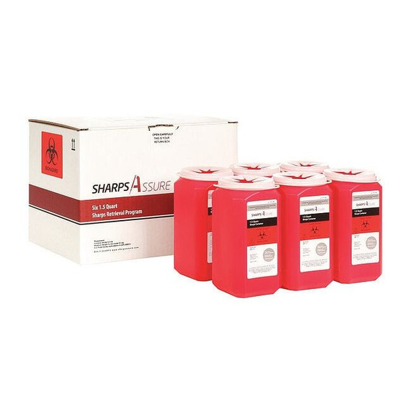 Sharps Container, 1.5 qt, Snap Lid, Red, 12 in L x 10 in W x 9 in H (6 PK)