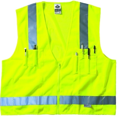 GloWear® Safety Vest, 8250Z, Surveyors, Class 2, Type R, 7 Pockets, Reflective Tape, 2 Radio Mic Tabs, Zipper, L/X-L, Lime Pack of 6