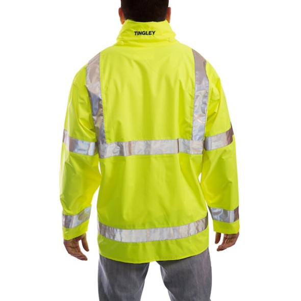High Visibility Rain Jacket with Hood, Polyester, Class 3 R, Green-Yellow, 4XL  J23122