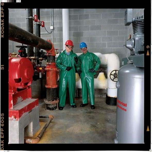 Tingley Flame Resistant Coverall Rain Suit, PVC, 17 mil Thick, Attached Hood, Green, S V41108