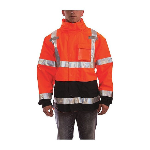 High Visibility Rain Jacket with hood, Polyester, Class 3 R, Orange, 2XL