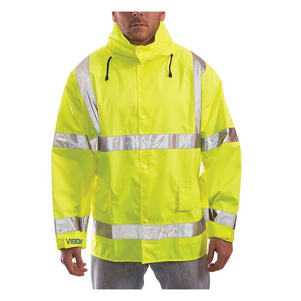 High Visibility Rain Jacket with Hood, Polyester, Class 3 R, Green/Yellow, 3XL