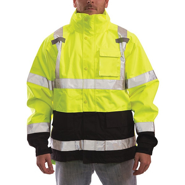 High Visibility Rain Jacket with hood, Polyester, Class 3 R, Green/Yellow, 3XL