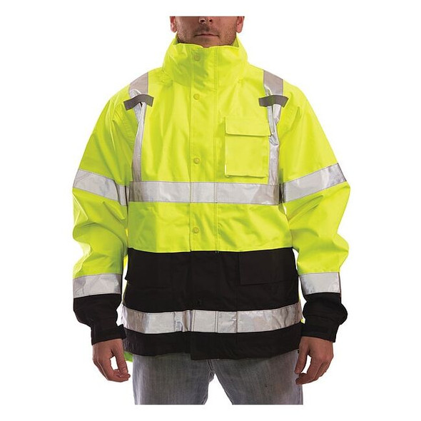 High Visibility Rain Jacket with hood, Polyester, Class 3 R, Green/Yellow, 2XL