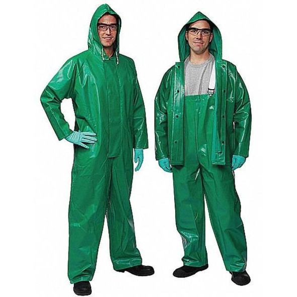 Tingley Flame Resistant Coverall Rain Suit, PVC, 17 mil Thick, Attached Hood, Green, XL V41108