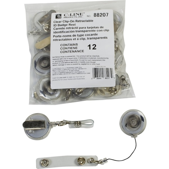 C-Line Products Retract Badge Reel,Clip-On,Clear,PK12 88207