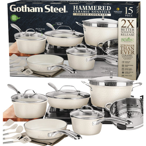 Gotham Steel Hammered Cream Cookware Collection (15-Piece) 1587