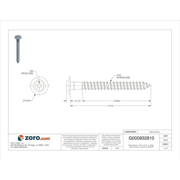Grk Fasteners Deck Screw,1/4",Steel,3 1/8"L,PK500 GRK10161 Grk Fasteners Deck Screw,1/4",Steel,3 1/8"L,PK500 GRK10161