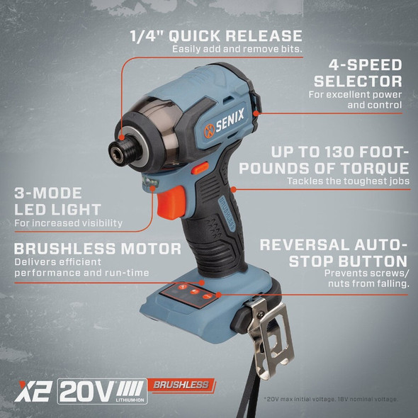 Senix X2 20 Volt Max Brushless 1-4 In. Hex Cordless Impact Driver (Tool Only) PDIX2-M2-0 322052