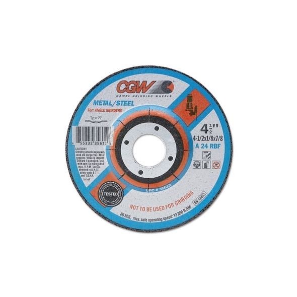 Depressed Center Wheel, 4 1/2 in Dia, 1/8 in Thick, 5/8 in Arbor, Hardness R Pack of 25