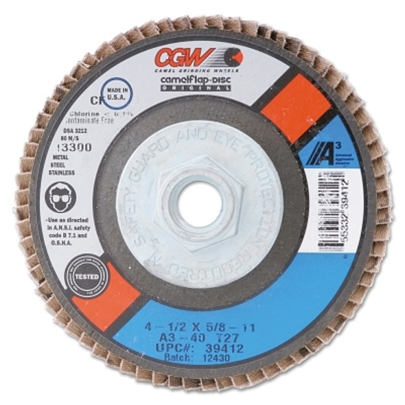 Flap Disc, A3 Aluminum Oxide, Reg, 4-1/2 in, 60 Grit, 5/8 in Arbor,13,300 rpm Pack of 10