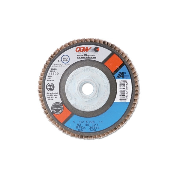 Flap Disc, A3 Aluminum Oxide, Regular, 4-1/2 in dia, 40 Grit, 5/8 in-11, 13300 rpm, Type 27 Pack of 10