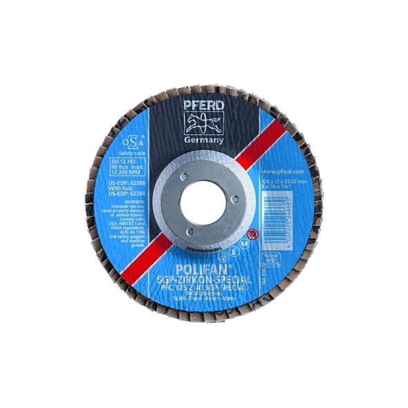 Type 29 POLIFAN® SGP Flap Disc, 7 in dia, 40 Grit, 7/8 in dia Arbor, 8,600 RPM, Ceramic Oxide Pack of 10