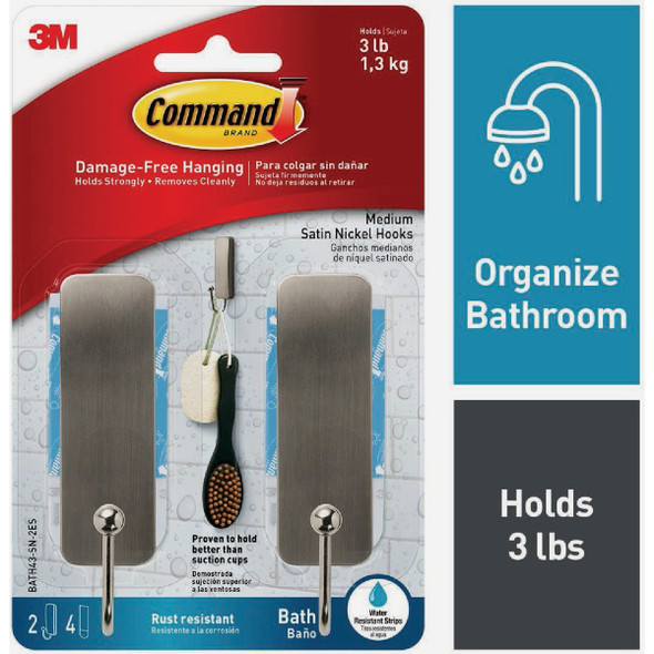 Command Medium Bath Hooks, Satin Nickel, 2 Hooks, 4 Strips BATH43-SN-2ES