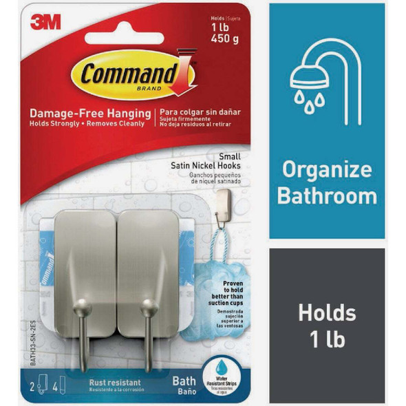 Command Small Bath Hook, Satin Nickel, 2 Hook, 4 Strips BATH33-SN-2ES
