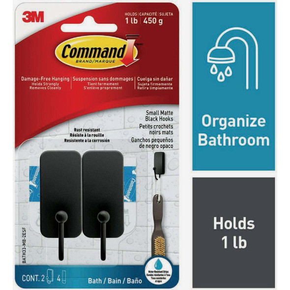 Command Small Bath Hook, Matte Black, 2 Hooks, 4 Strips BATH33-MB-2ES