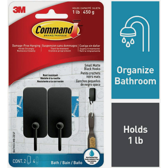 Command Small Bath Hook, Matte Black, 2 Hooks, 4 Strips BATH33-MB-2ES