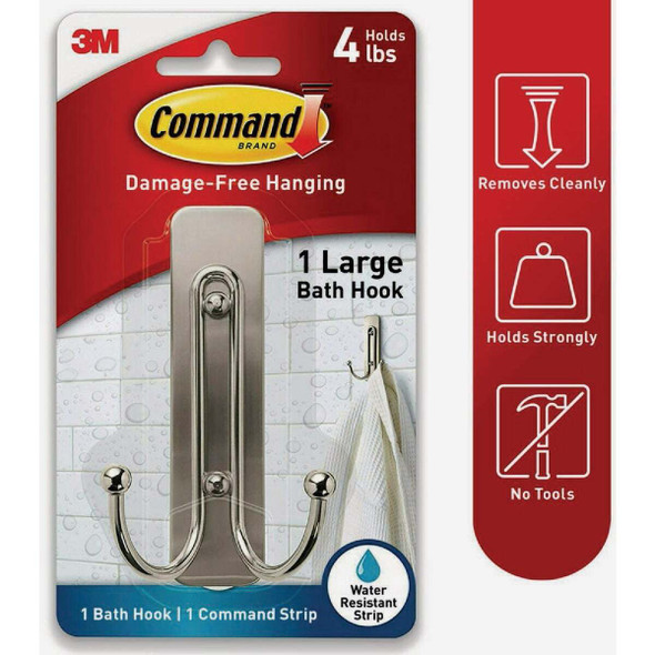 Command Large Double Bath Hook, Satin Nickel, 1 Hook, 1 Strip BATH36-SN-ES