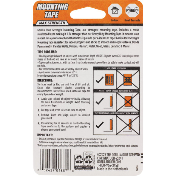 Gorilla 1 In. x 60 In. Max Strength Mounting Tape Gorilla 1 In. x 60 In. Max Strength Mounting Tape