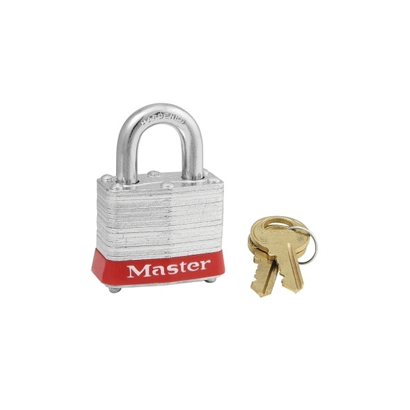 No. 3 Laminated Steel Padlock, 9/32 in dia, 5/8 in W x 3/4 in H Shackle, Silver/Red, Keyed Different, Varies Pack of 6