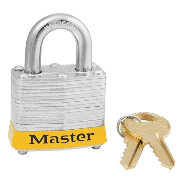 No. 3 Laminated Steel Padlock, 9/32 in dia, 5/8 in W x 3/4 in H Shackle, Silver/Yellow, Keyed Different, Varies Pack of 6