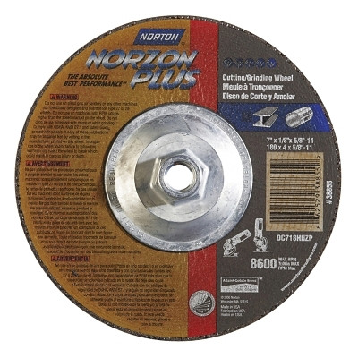 Type 27 NorZon® Plus Depressed Center Wheel, 7 in dia, 1/8 in Thick, 5/8 in Arbor, 24 Grit Pack of 10