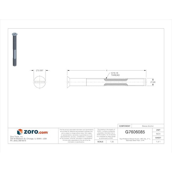 Mkt Fastening Sup-R-Sleeve Sleeve Anchor, 3/8" Dia., 4" L, Stainless Steel Plain, 5 PK 1773SS0