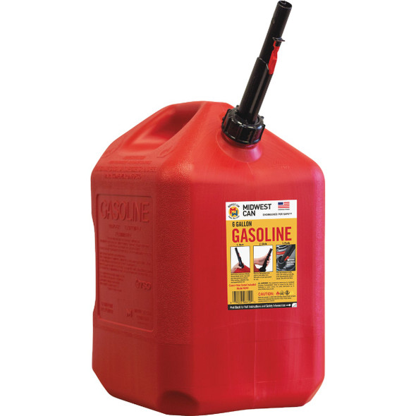 Midwest Can 6 Gal. Plastic Auto Shut Off Gasoline Fuel Can, Red 6610