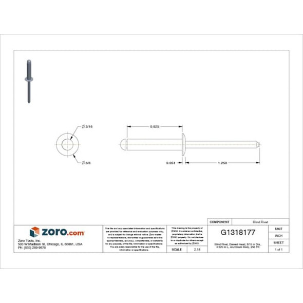 Blind Rivet, Dome Head, 3-16 in Dia., 59-64 in L, Aluminum Body, 250 PK  AD612ABS200