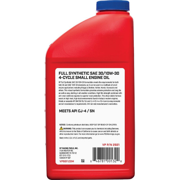 VP Racing Fuels 32 Oz. SAE30-10W30 Full Synthetic 4-Cycle Small Engine Oil 2921 710266