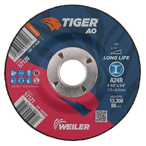 Tiger® AO Grinding Wheel, 4-1/2 in dia x 1/4 in Thick, 7/8 in Arbor, A24R, Type 27 Pack of 10