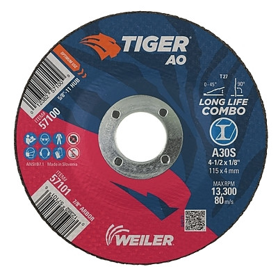 Tiger® AO Type 27 Cut/Grind Combo Wheel, 4-1/2 in dia x 1/8 in Thick, 7/8 in dia Arbor, A30S Pack of 25