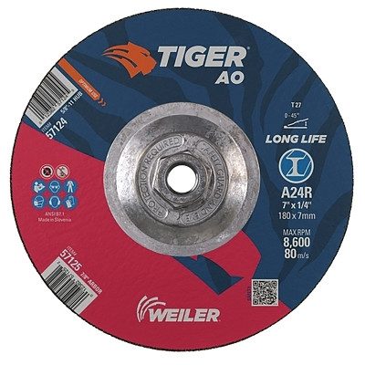 Tiger® AO Grinding Wheel, 7 in dia x 1/4 in Thick, 5/8 in-11 UNC Arbor, A24R, Type 27 Pack of 10