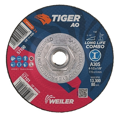 Tiger® AO Type 27 Cut/Grind Combo Wheel, 4-1/2 in dia x 1/8 in Thick, 5/8 in-11 dia Arbor, A30S Pack of 10