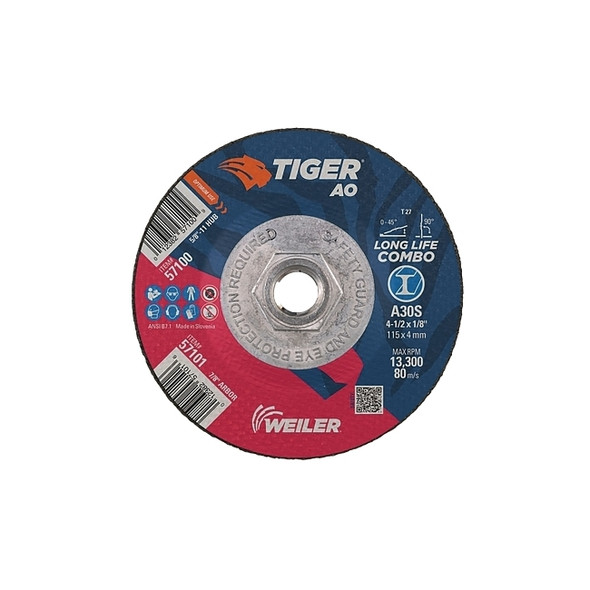 Tiger® AO Type 27 Cut/Grind Combo Wheel, 4-1/2 in dia x 1/8 in Thick, 5/8 in-11 dia Arbor, A30S Pack of 10