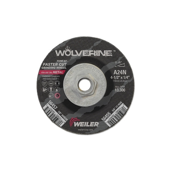 Wolverine® Grinding Wheel, 4-1/2 in dia x 5/8 in-11 UNC Arbor x 1/4 in Thick, AO, 24N Pack of 10