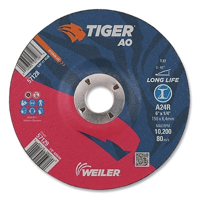 Tiger® AO Grinding Wheel, 6 in dia x 1/4 in Thick, 7/8 in Arbor, A24R, Type 27 Pack of 10