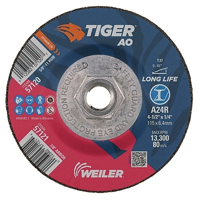 Tiger® AO Grinding Wheel, 4-1/2 in dia x 1/4 in Thick, 5/8 in-11 UNC Arbor, A24R, Type 27 Pack of 10