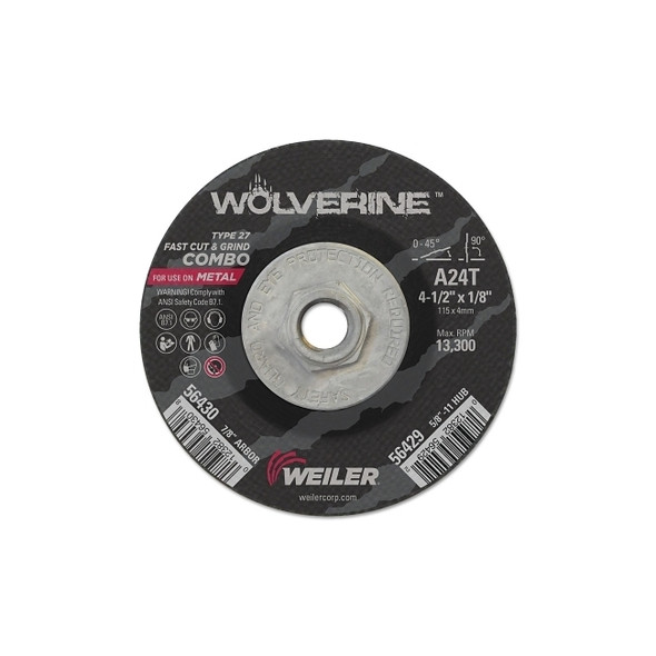 Wolverine™ Combo Wheel, 4-1/2 in dia, 1/8 Thick, 5/8 in - 11 UNC Arbor, 24 Grit Pack of 10