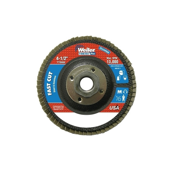 Vortec Pro® Abrasive Flap Disc, 4-1/2 in dia, 36 Grit, 5/8 in-11, 13000 rpm, Type 29 Pack of 10