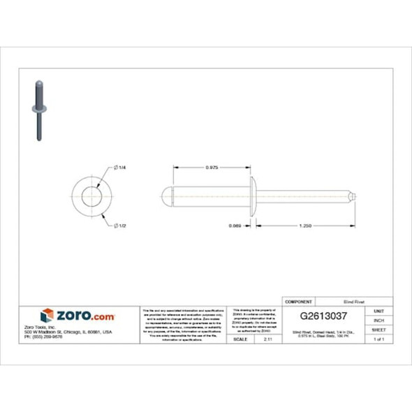 Blind Rivet, Dome Head, 1/4 in Dia., 31/32 in L, Steel Body, 100 PK