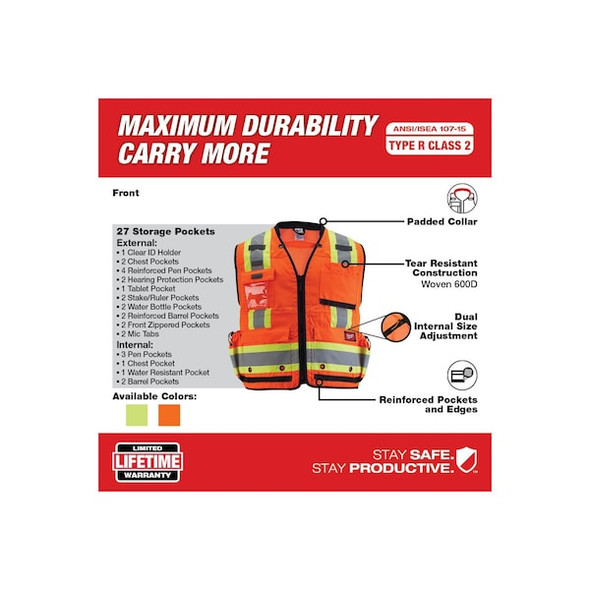 Milwaukee Tool Class 2 Surveyor's High Visibility Orange Safety Vest - 2X-Large/3X-Large 48-73-5167