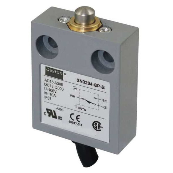 Limit Switch, Plunger, SPDT, 10A at 300V AC, Actuator Location: Top