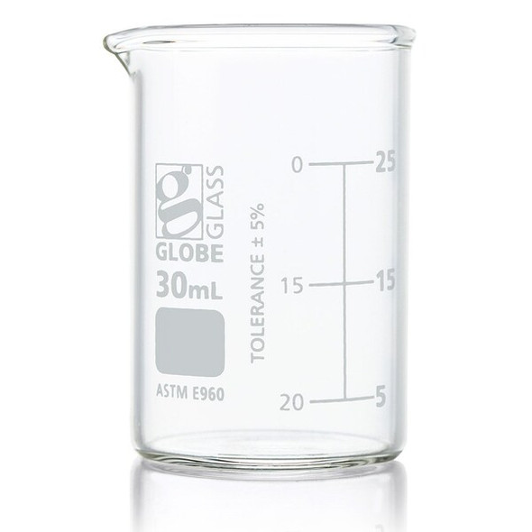 Globe Scientific Beaker,30 mL,53 mm H,33 mm Dia,PK12 8010030 Globe Scientific Beaker,30 mL,53 mm H,33 mm Dia,PK12 8010030