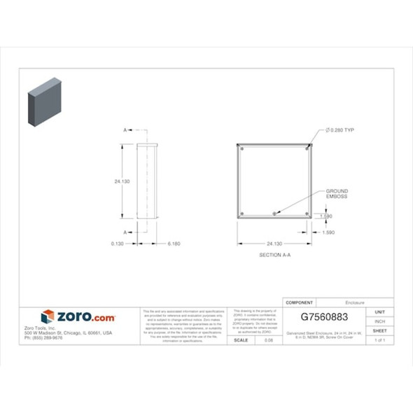 Wiegmann Padlockable Hasp Electrical Enclosures, 24 in H, 6 in D, 24 in W, 3R, Steel RSC242406GNK