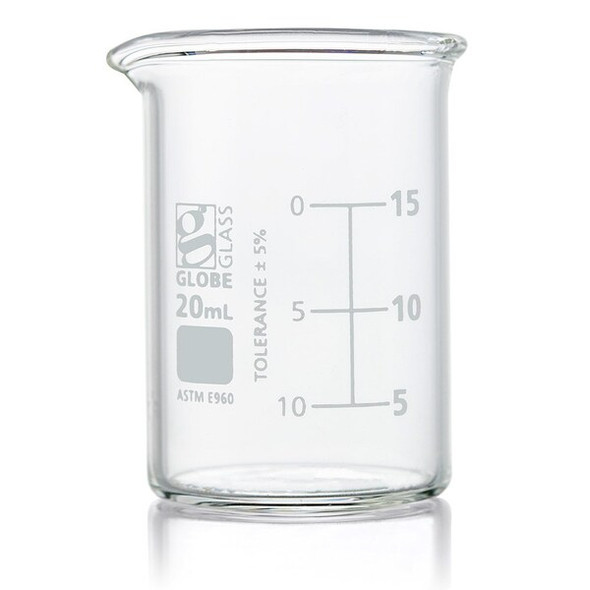 Globe Scientific Beaker,20 mL,43 mm H,30 mm Dia,PK12 8010020 Globe Scientific Beaker,20 mL,43 mm H,30 mm Dia,PK12 8010020
