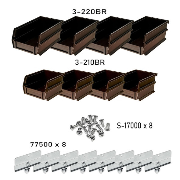 Triton Products Hanging Bins and Bin Clip Kit, Polypropylene, Brown, (4) Small and (4) Large 028-BR