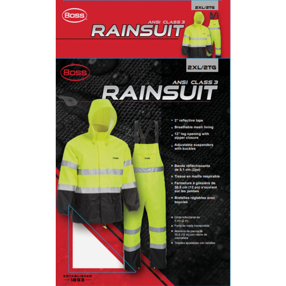 Boss 2XL 2-Piece ANSI Class 3 Hi-Visibility Rain Suit Boss 2XL 2-Piece ANSI Class 3 Hi-Visibility Rain Suit
